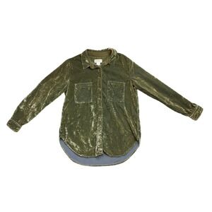 Maeve Anthropologie Green Crushed Velvet Button Down Shirt Moss Petite 0P